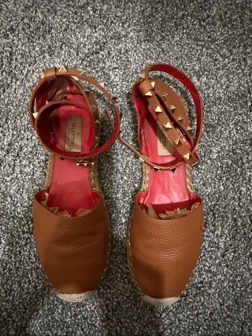 Valentino Tan Leather Studded Ankle-Tie Espadrilles with Red Insoles